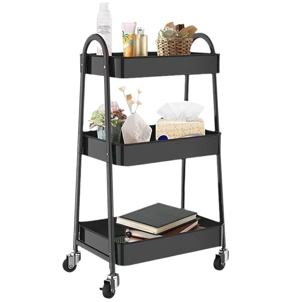 Secchuu キッチンワゴン スチール製ボデイ 3段タイプ 耐荷重45KG 幅45cm×奥行29cm×高さ75.5cm シンプルさ 収納ワゴン スチール製ボデイ キャスター付き スムース移動 小物収納 組立商品 (黒色, A形