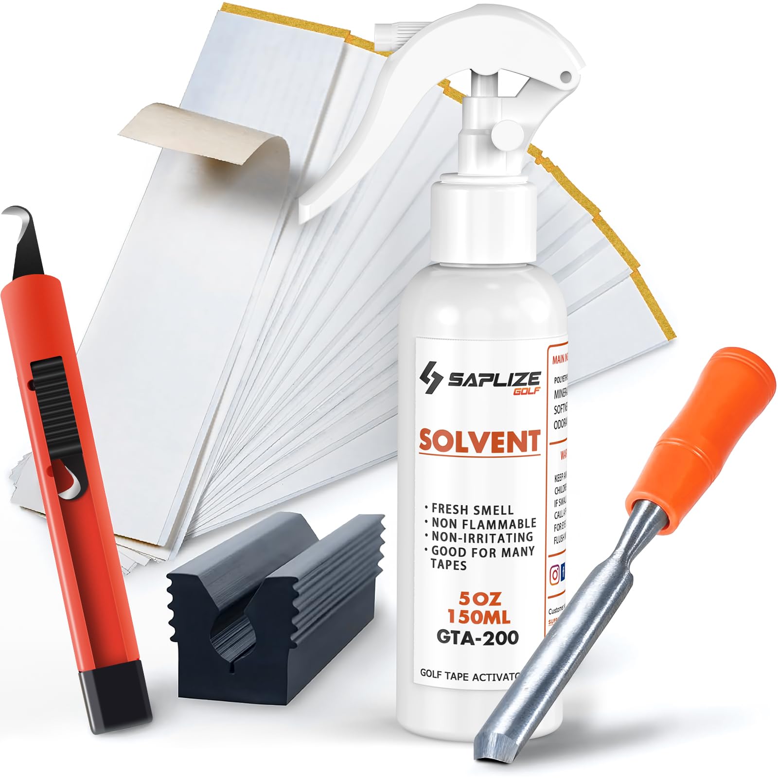 【ゴルフグリップ交換キット】SAPLIZE セープライズ クラブグリップの交換用キット 専用両面テープ15枚、グリップカッター、ラバークランプ、溶剤、マニュアル (キット)