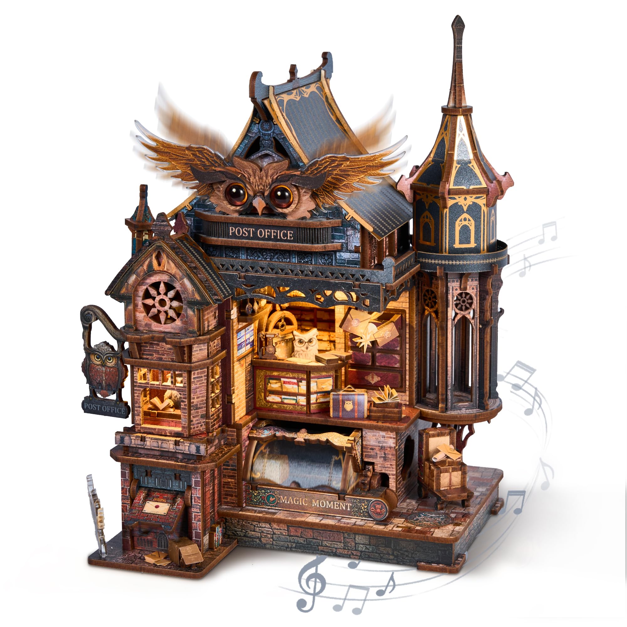 FUNPOLA 立体パズル フクロウ郵便局 魔法郵便局 木製パズル 3Dパズル 動くからくり 仕掛け 歯車 音楽 オルゴール付き LEDライト付き DIY ミニチュア 難しい 大人 知育玩具 インテリア おしゃれ