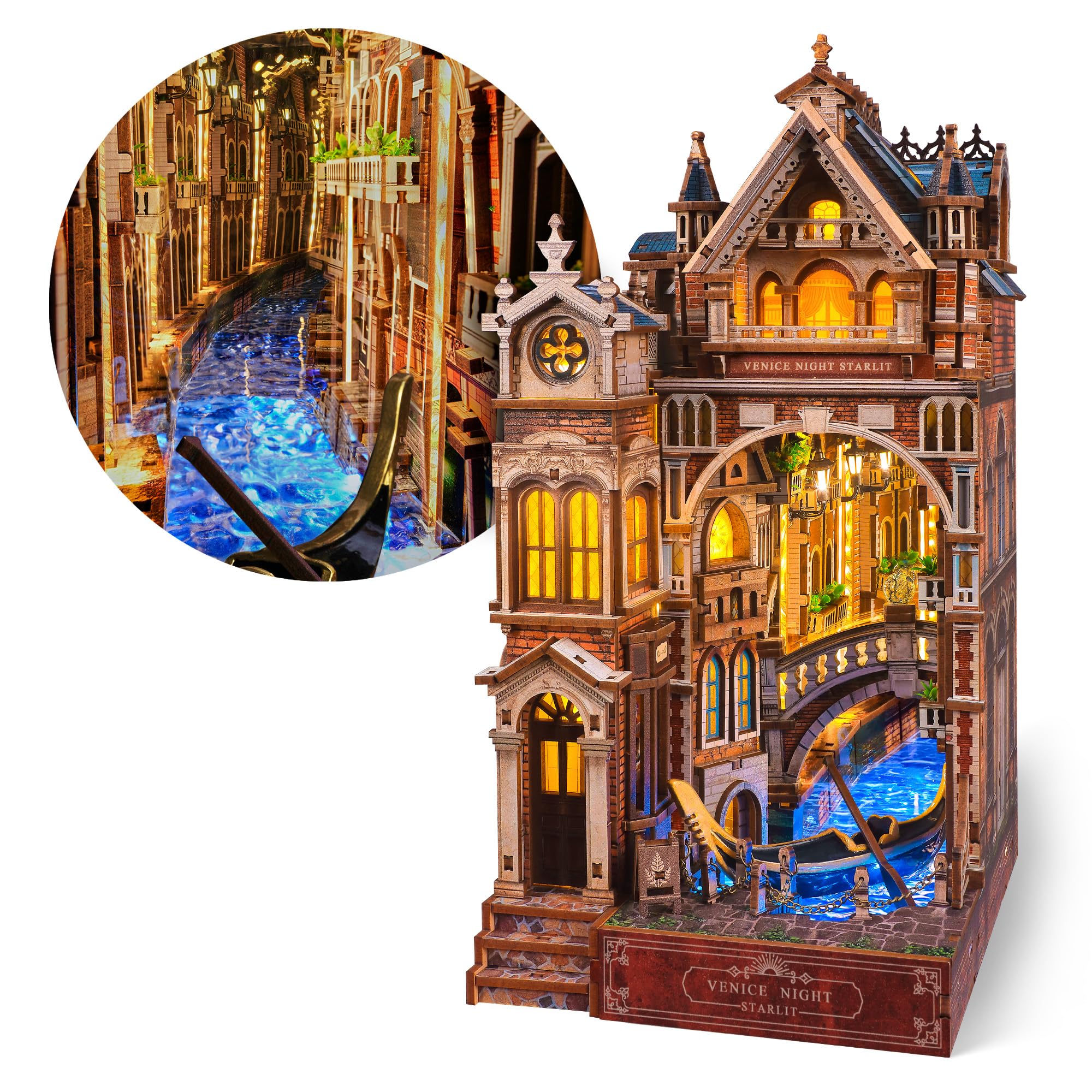 FUNPOLA 木製パズル 3Dパズル ベネチアの星 ヴェネチア 夜景 無限鏡 ブックヌック キット Booknook DIY ミニチュア ドールハウス LEDライト付き 本棚入れ 展示用 クラフトセット 初心者や中学生向