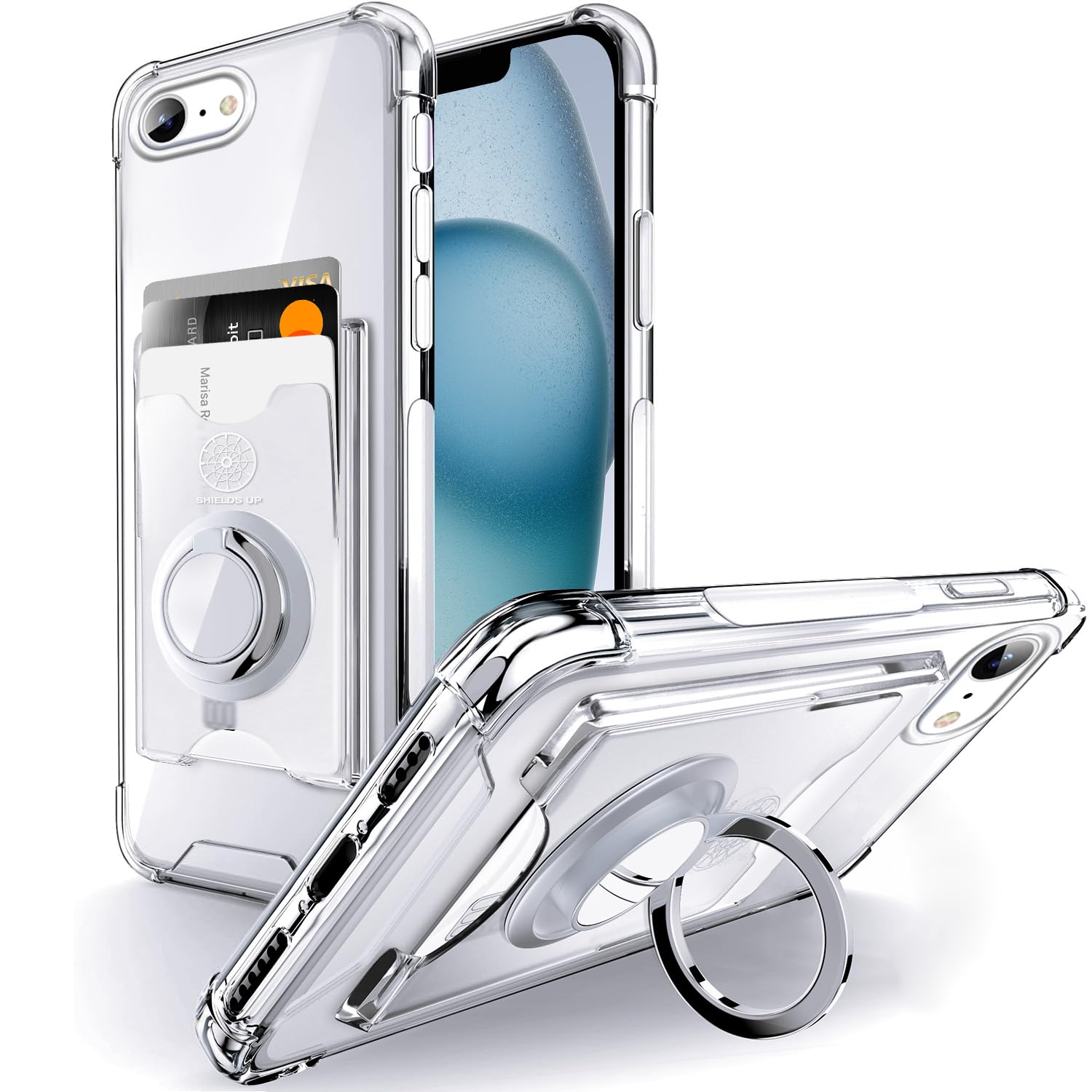 Rakuten - Rockaway 互換性 iPhone 16e 第4代 SE4用 ケース カード収納 背面ポケット リング付き スタンド機能 耐衝撃 透明 TPU スマホケース 6.1インチ アイフォン16E 用カバー - クリア