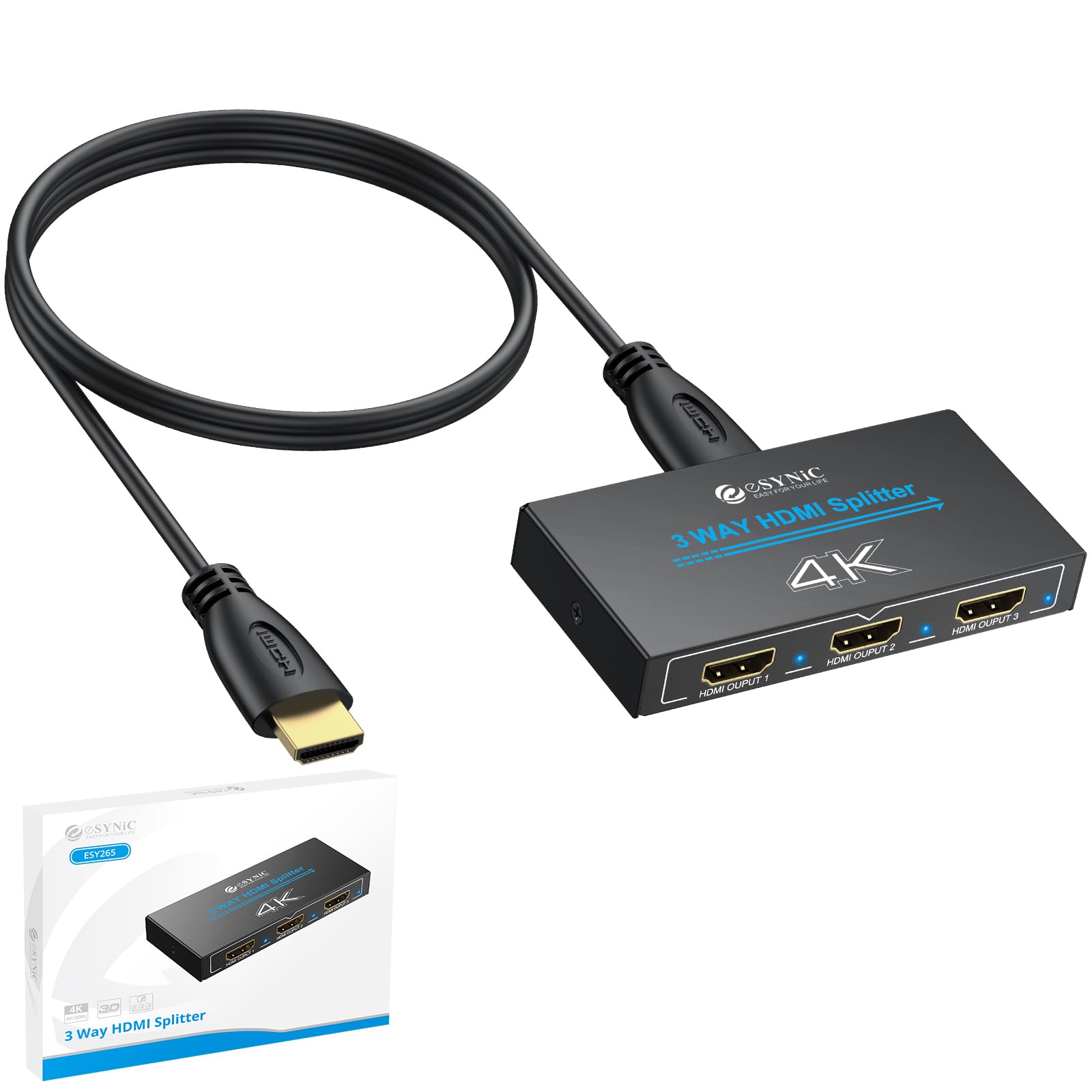 eSynic HDMI 分配器 1入力3出力 4Kx2K@30HZ HDMIスプリッター 3画面同時出力 信号伝送安定性 デュアルモニター HDCP 1.4 Hdcp バイパススプリッター メタルケース 3ウェイ出力 Fire Stick PS4/Fire TV/Blu-ray playe