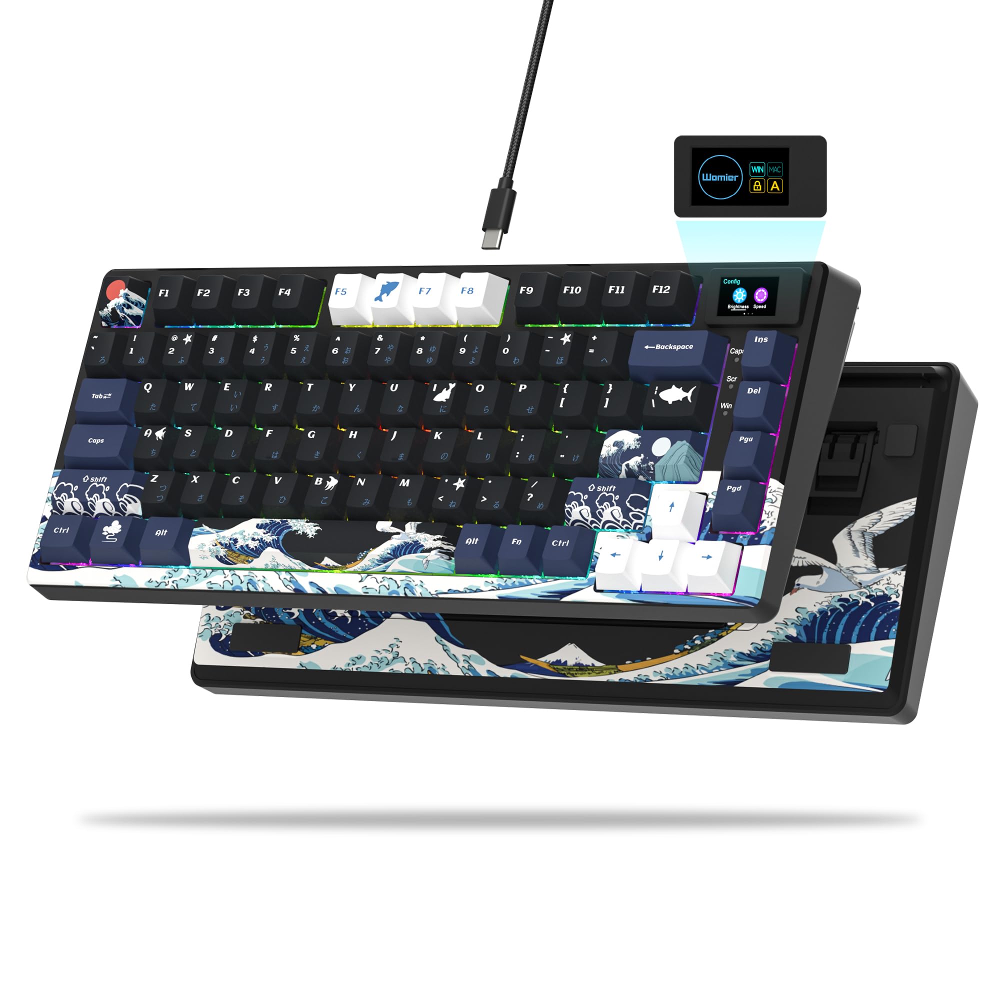 キーボード有線 Womier SK80 神奈川特別モデル ゲーミングキーボード、75%、LCDスクリーン搭載、ホットスワップ対応、RGBバックライト、メカニカルキーボード、日本語配列、Windows/Mac対応 (ブラ