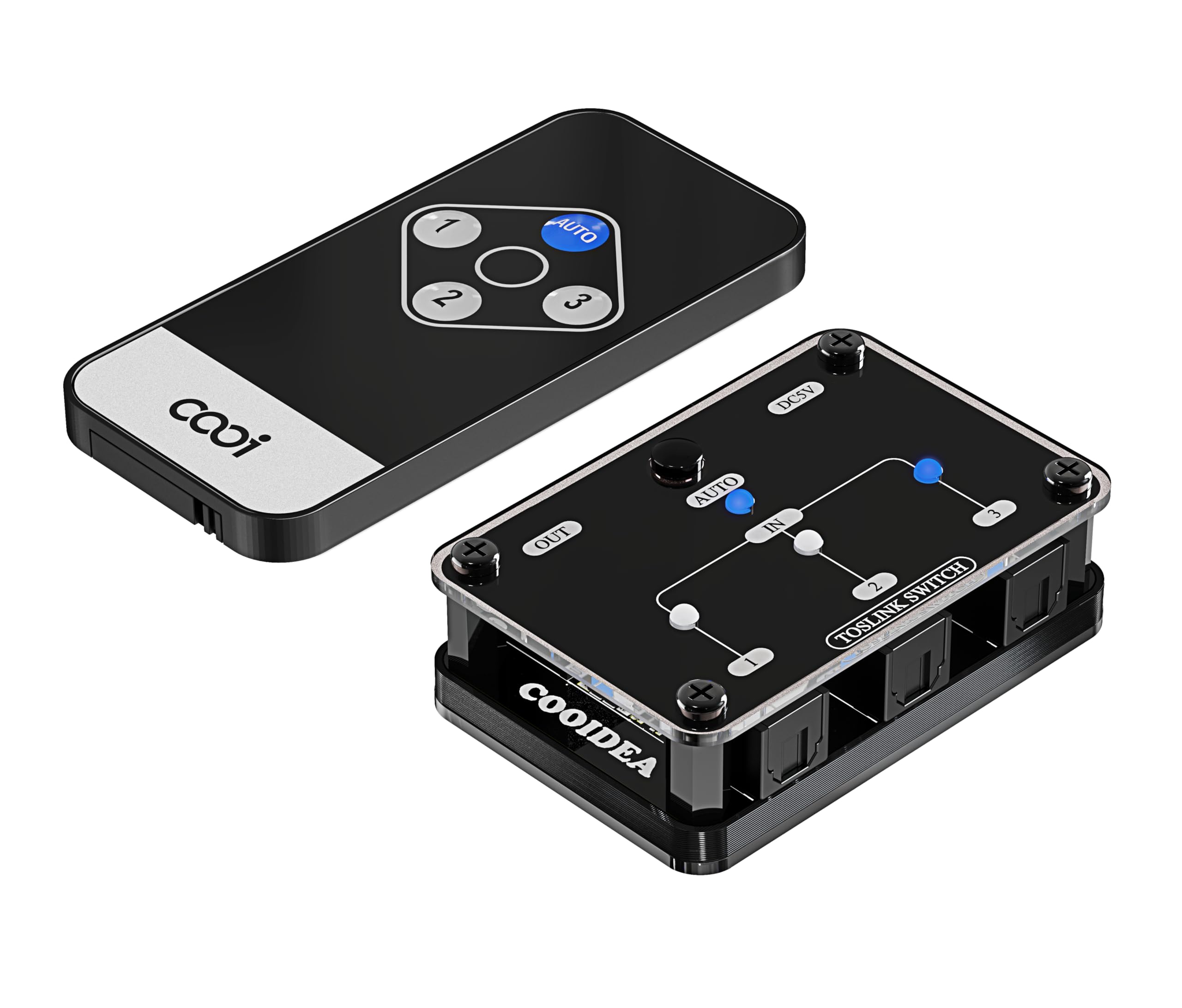 Cooidea SPDIF/TosLink 光デジタルスイッチャーは自動切り替え機能、3 入力と 1 出力、ワイヤレスリモコン付き、192k/24ビットをサポート PCM2.0、DTS、Dolby-AC3に対応しています 光ファイバーケーブル