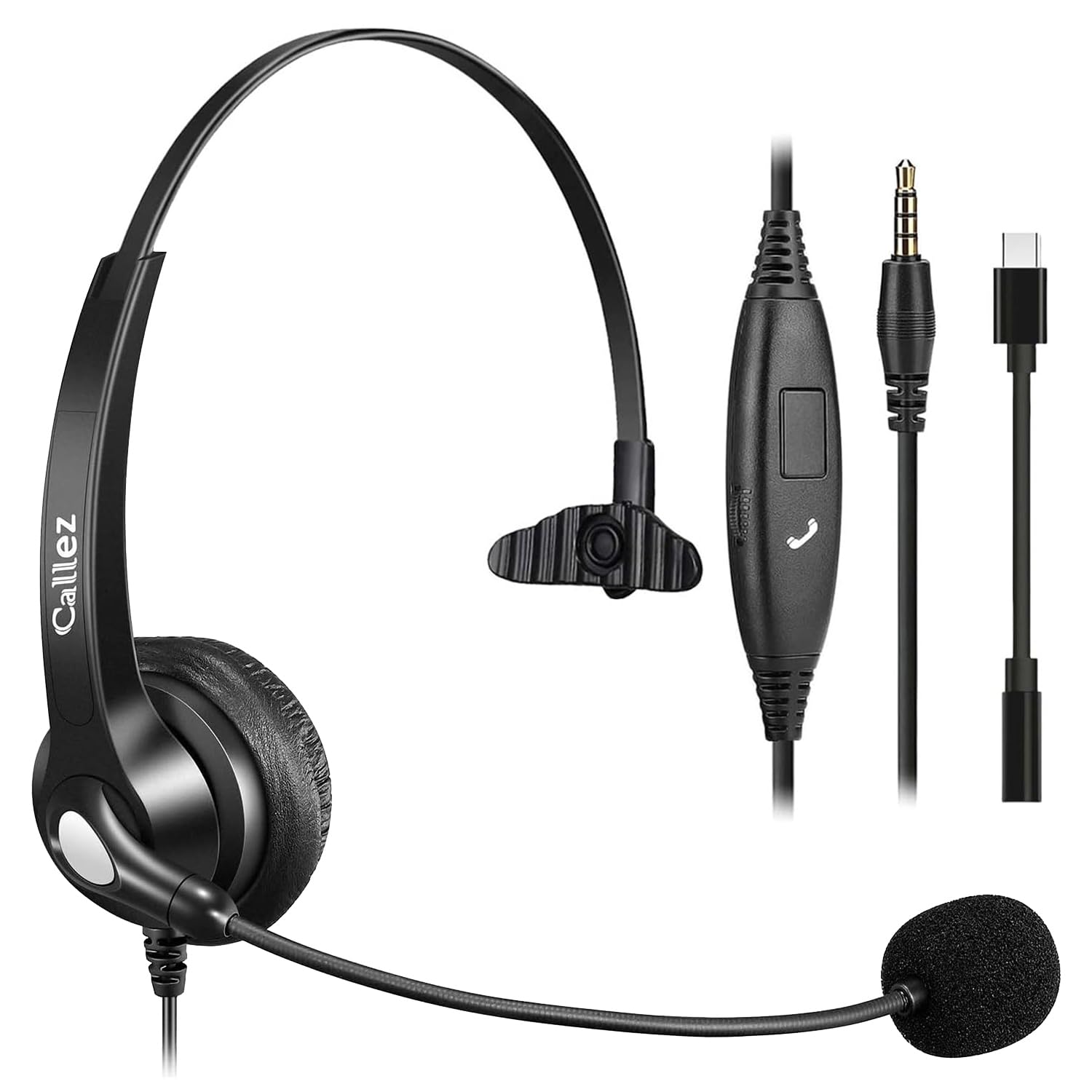 Callez 3.5mm携帯電話用ヘッドセット ノイズキャンセリングマイク付きPC用ヘッドホン iPhone、PC、スマートフォン、iPad、ラップトップに対応 Web会議、Skype、業務用、在宅勤務、オンライン授業