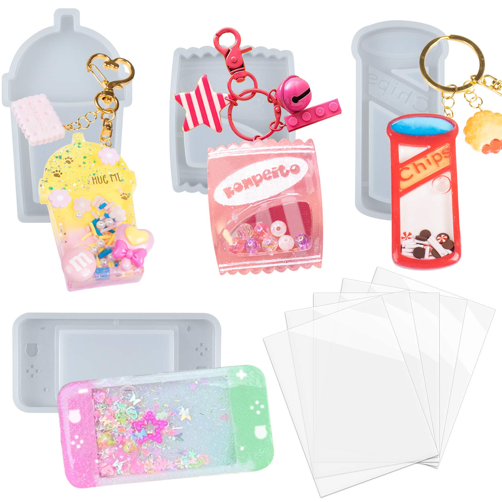 FUNSHOWCASE シェイカーモールド シャカシャカ中身 レジン型 シリコンモールド タビオカ/ポテトチップス/携帯型ゲーム/ビスケット 4個セット PPシート5枚付き キーホルダー ストラップ チャー