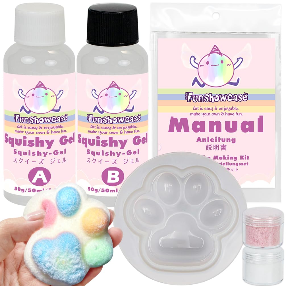 FUNSHOWCASE スクイーズ手作りキット スクイーズレジン セット 肉球モールドとフロッキングパウダー付き DIY ストレス解消 握る ふわふわ玩具 柔らかい プレゼント 子供 大人 原液 手芸