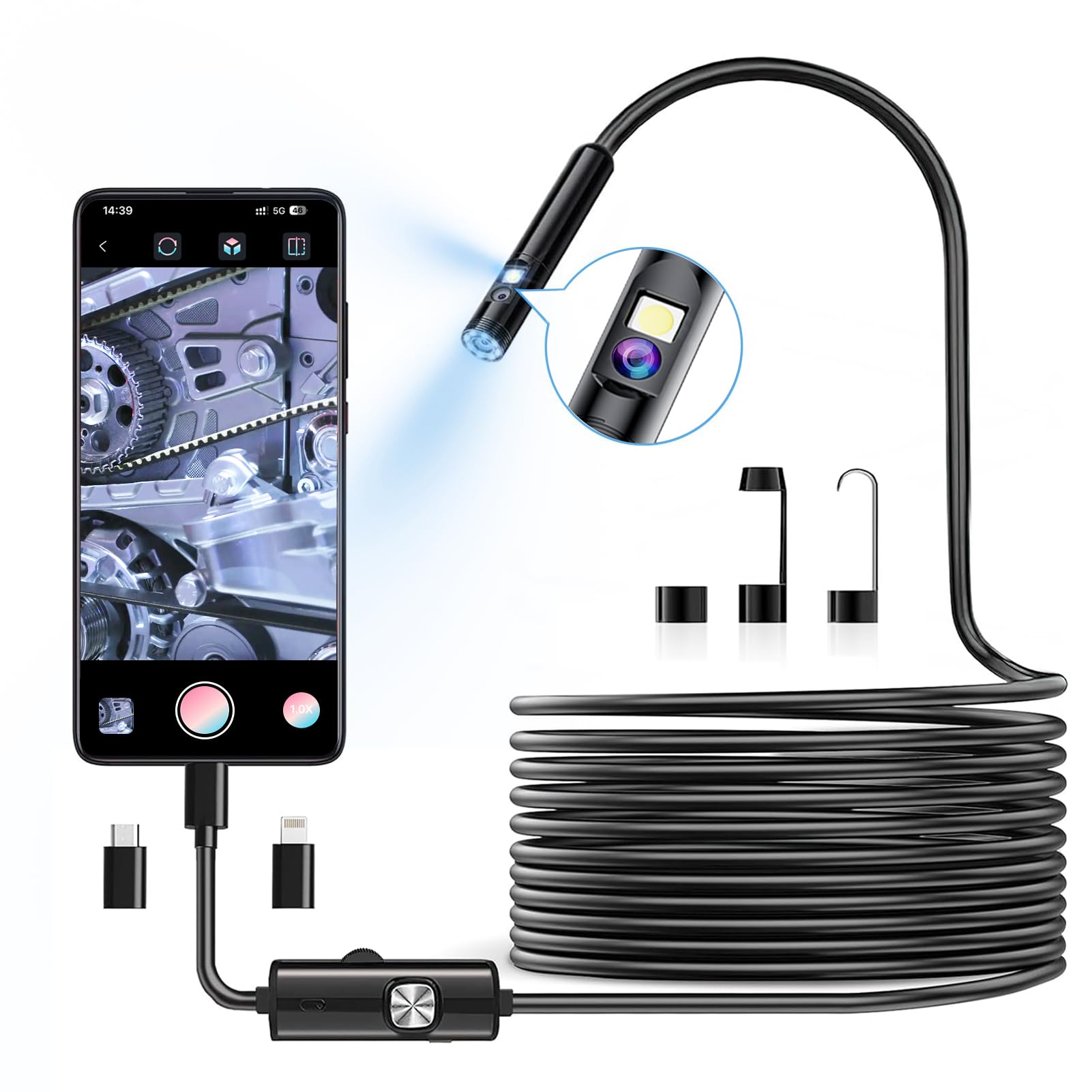 ファイバースコープ 【デュアルレンズ&270万画素】 内視鏡カメラ 7.8mm極細レンズ 防水 9LED付き スマホ スコープカメラ USB フルHD 家庭用 機械点検 自由研究 マイクロスコープ iPhone/android/iPad対