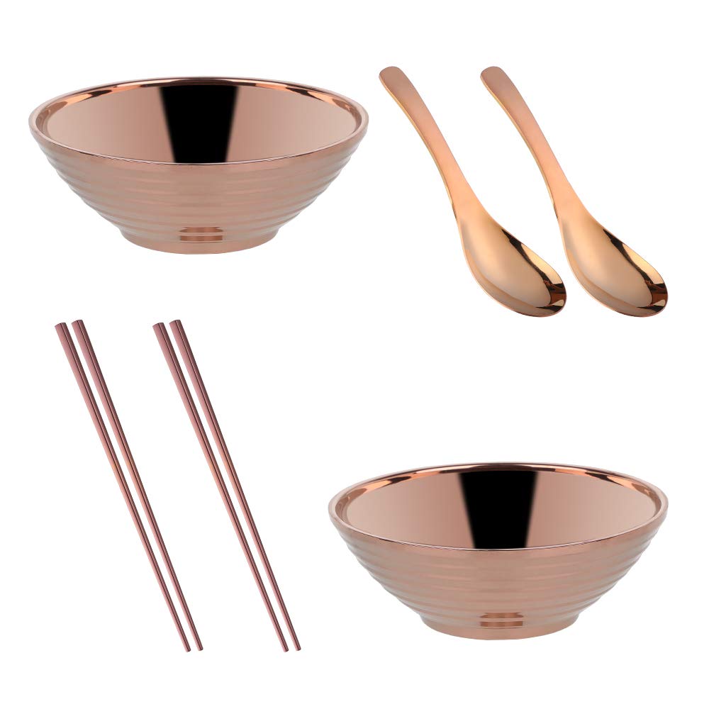 Rakuten - Buyit ラーメンどんぶり 麺鉢 レンゲ 箸 セット 2人用 18-8ステンレス製 二重構造 軽量な ラーメン鉢 ラーメン丼 肉厚が厚い レンゲスプーン 四角 ステンレス箸 丈夫 衛生 洗いやすい ローズゴ