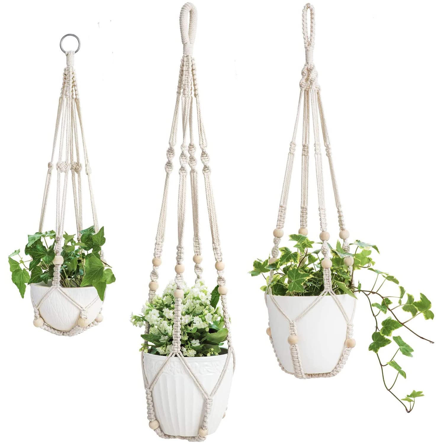 Rakuten - YMJOGGUE 麻縄 植木鉢 植物ハンガー 鉢植え用 マクラメプラントハンガー 観葉植物 吊り下げロープ ハンギングプランター 屋外屋内植物に適用 DIY装飾用 3本組 (アイボリー 3本組)