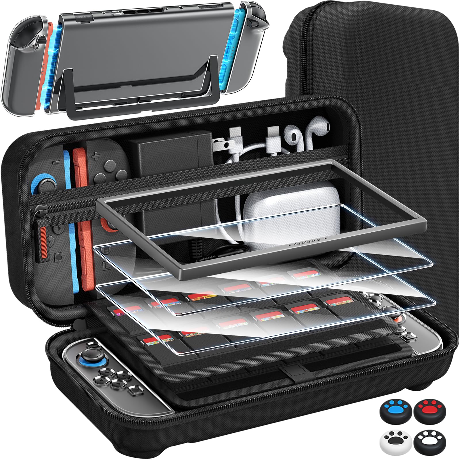 【新登場-14in1】Switch 2 専用 ケース 収納スイッチ2 ケース＋ガラスフイルム ガイド枠付き 2枚＋スティックキャップ4枚＋分体式設計 PCカバー+ 24ゲームカードスロット 大容量 収納バッグ 全面