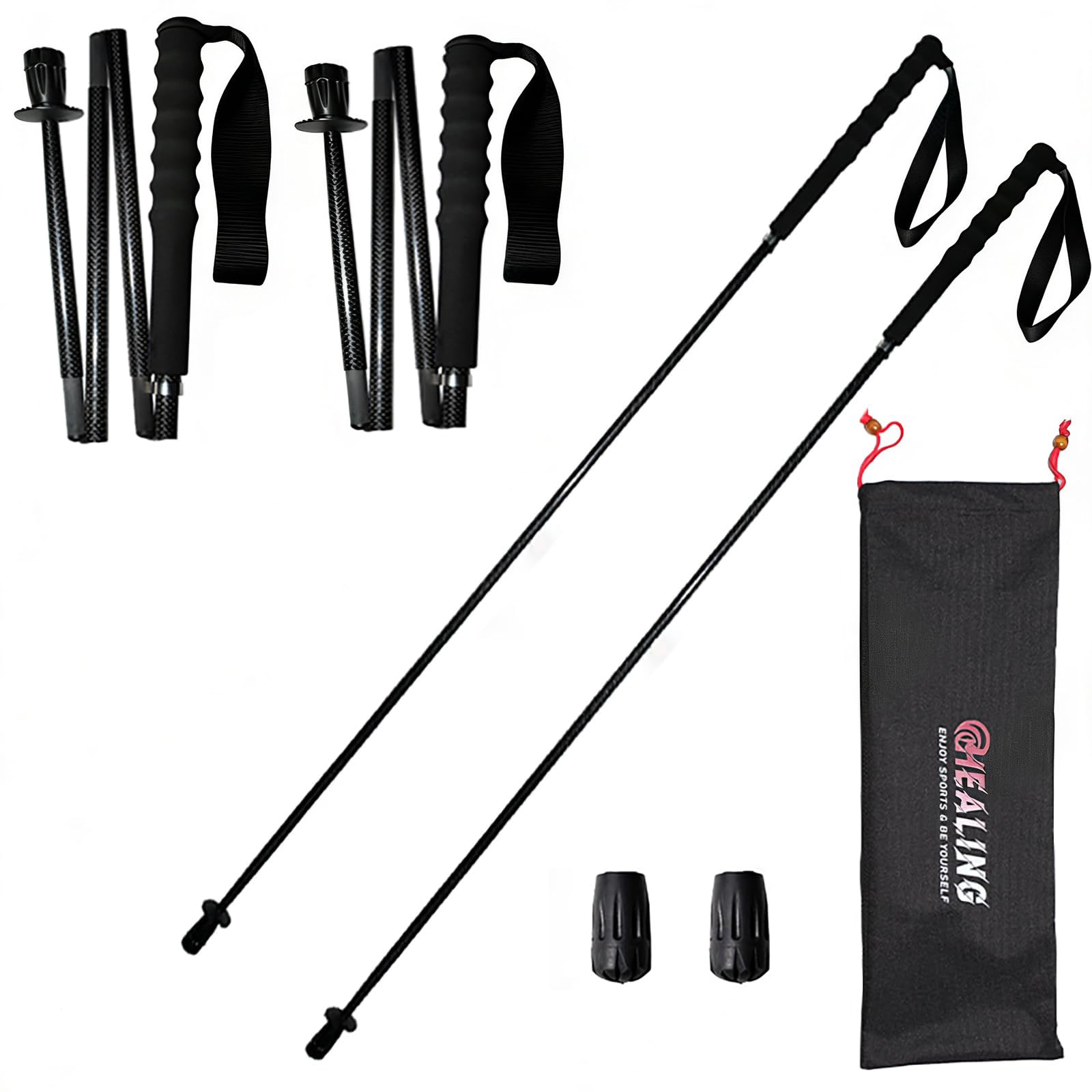 KHEALING Carbon Folding Trekking Poles [Ultra-lightweight 115g/125g/130g] Carbon Fiber Hiking Poles, 5 Sections, Set of 2, 110/120/130 cm, Non-slip, Compact, for Hiking and Excursions, Moisture-wicking Cap