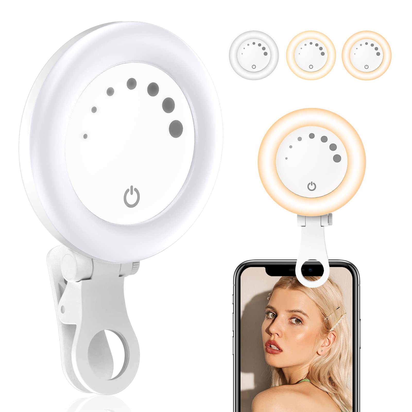 UBeesize自撮りライト LEDリングライト スマホライト 小型 USB充電 三色 7レベル明るさ 3000K~6500K調光 軽量 クリップ式 コンパクト 持ち運び 女優ライト じどりライト