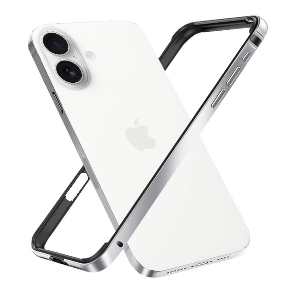 Rakuten - MQman iPhone17 用 アルミバンパー シリコン裏地 一体型 ストラップホール有り フレーム 薄型 レンズ保護デザイン シンプル メタルカバー (シルバー, iPhone17用)