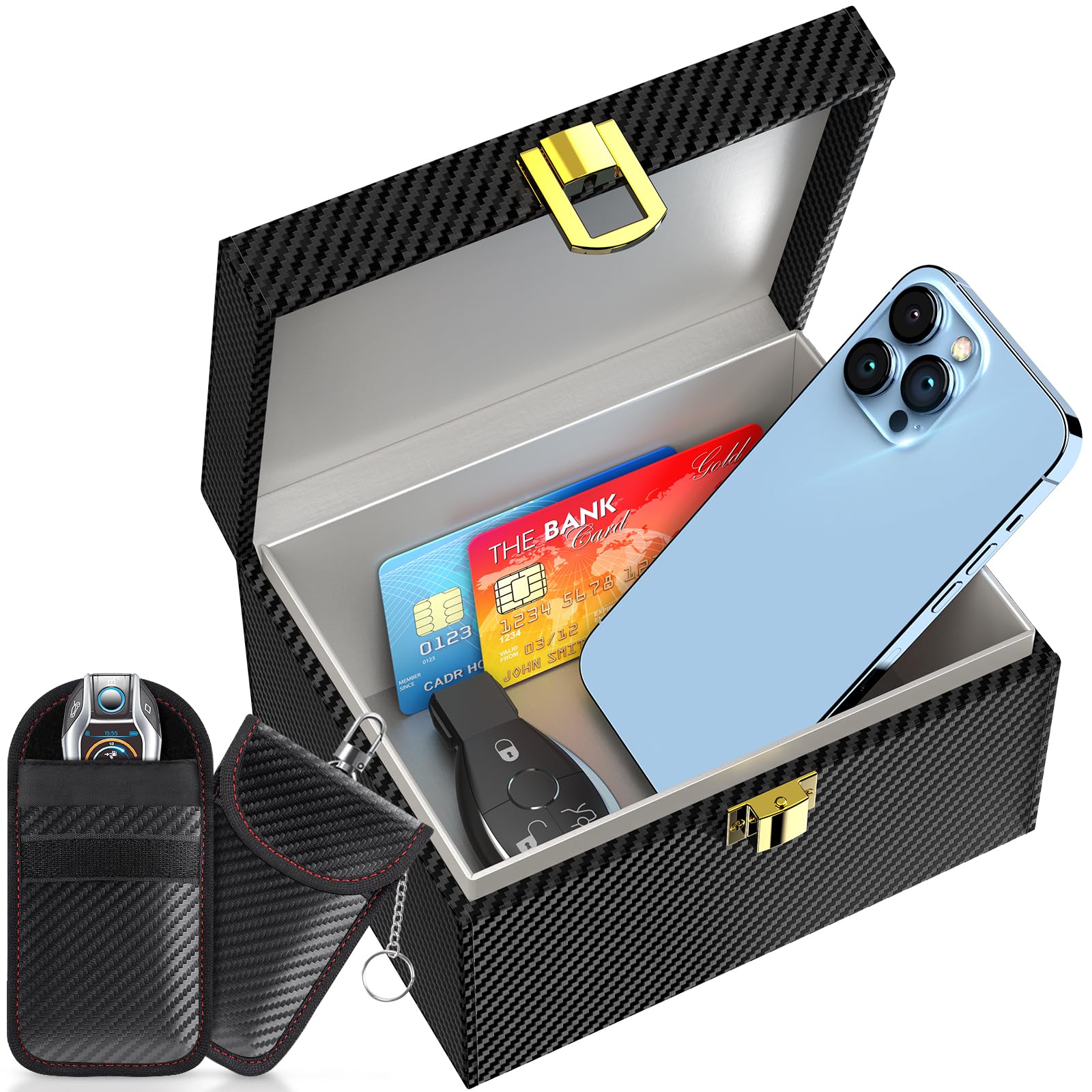 SAMFOLK リレーアタック防止用キーケース 電波遮断ボックス スマートキー収納 車 盗難防止グッズ リレーアタック対策 RFIDブロッキング 玄関保管 大容量 3Dカーボン調 M-SET