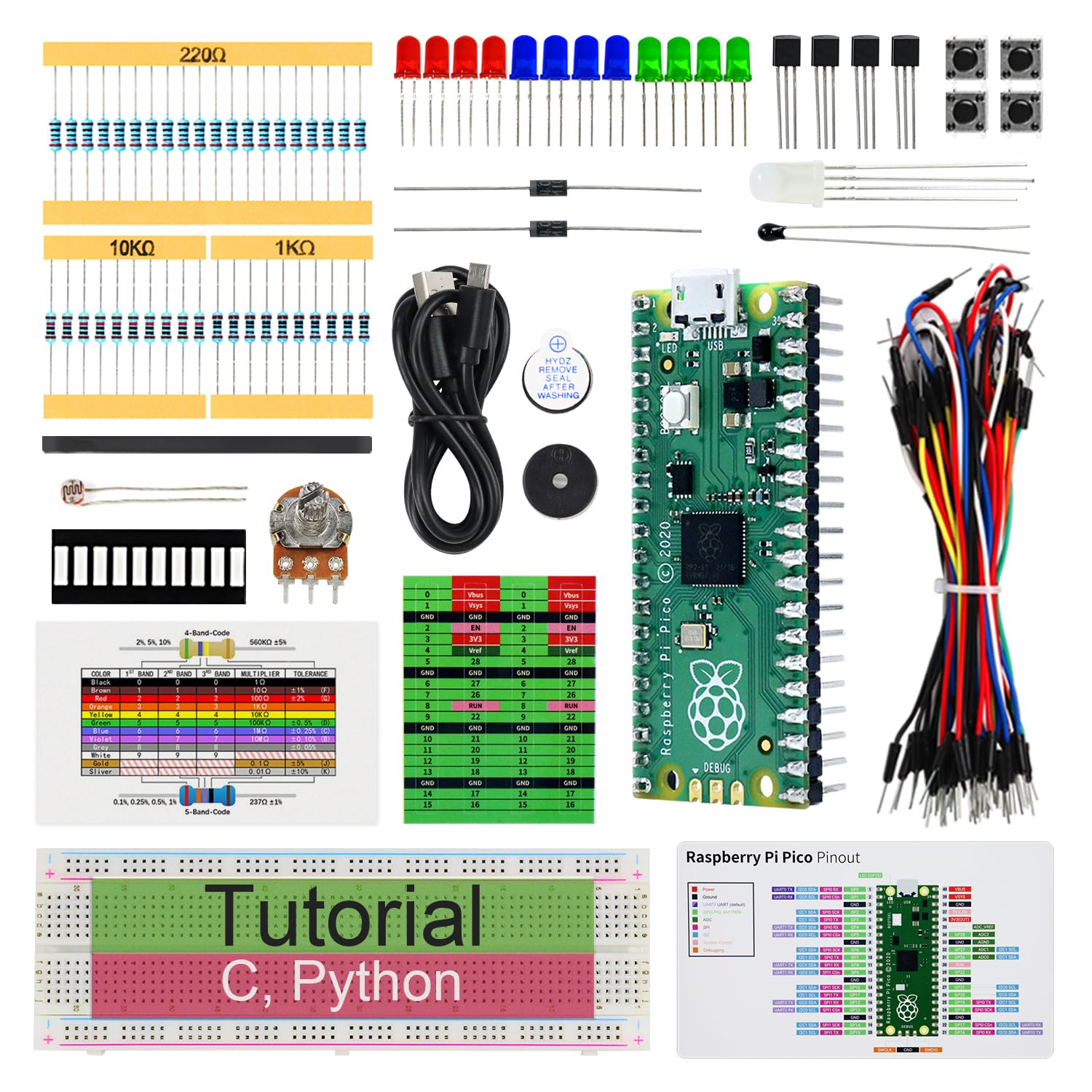 Freenove Raspberry Pi Pico基本スターターキット（付属），デュアルコアArm Cortex-M0+マイクロコントローラー，386ページの詳細なチュートリアル，142アイテム，55プロジェクト，Python/C言語コード