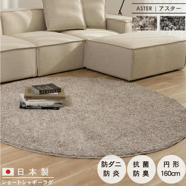 ラグ マット 丸型 シャギー 日本製 160cm 防ダニ 抗菌 防臭 防炎 床暖房対応 リビング 円形 丸い おしゃれ ふわふわ 無地 シンプル モダン 北欧 韓国インテリア ナチュラル グレーAster アスター