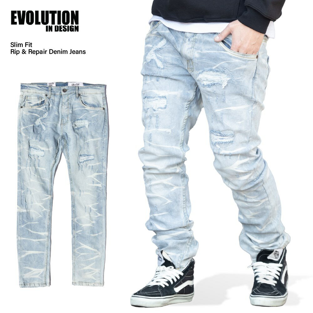 EVOLUTION エヴォリューション 【 Slim Fit Rip & Repair Legacy Denim Jeans 】 デニム デニムパンツ ロングパンツ ダメージデニム ジーンズ ジーパン ズボン メンズ 大きいサイズ ビッグサイズ USサイズ