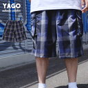 【L 〜 5XL】 YAGO カーゴショートパンツ 【 ブルー ブラック 24F 】 チェックショーツ ハーフパンツ カーゴパンツ メンズ 短パン イージーパンツ ローライダー チカーノ LOWRIDER CHICANO HIP…