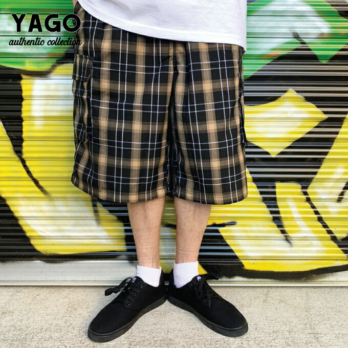 【L 〜 5XL】 YAGO カーゴショートパンツ 【 チェック カーキ 】 ショーツ ハーフパンツ カーゴパンツ メンズ 短パン イージーパンツ ローライダー チカーノ LOWRIDER CHICANO HIP HOP LA 大き…