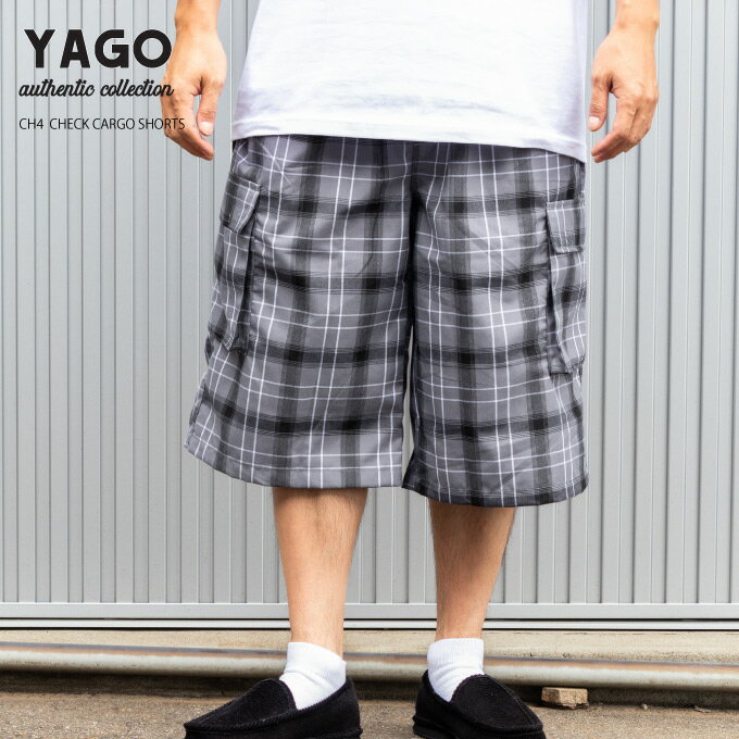 【L 〜 5XL】 YAGO カーゴショートパンツ 【 CH-4 グレー ブラック 】 チェックショーツ ハーフパンツ カーゴパンツ メンズ 短パン イージーパンツ ローライダー チカーノ LOWRIDER CHICANO HI…