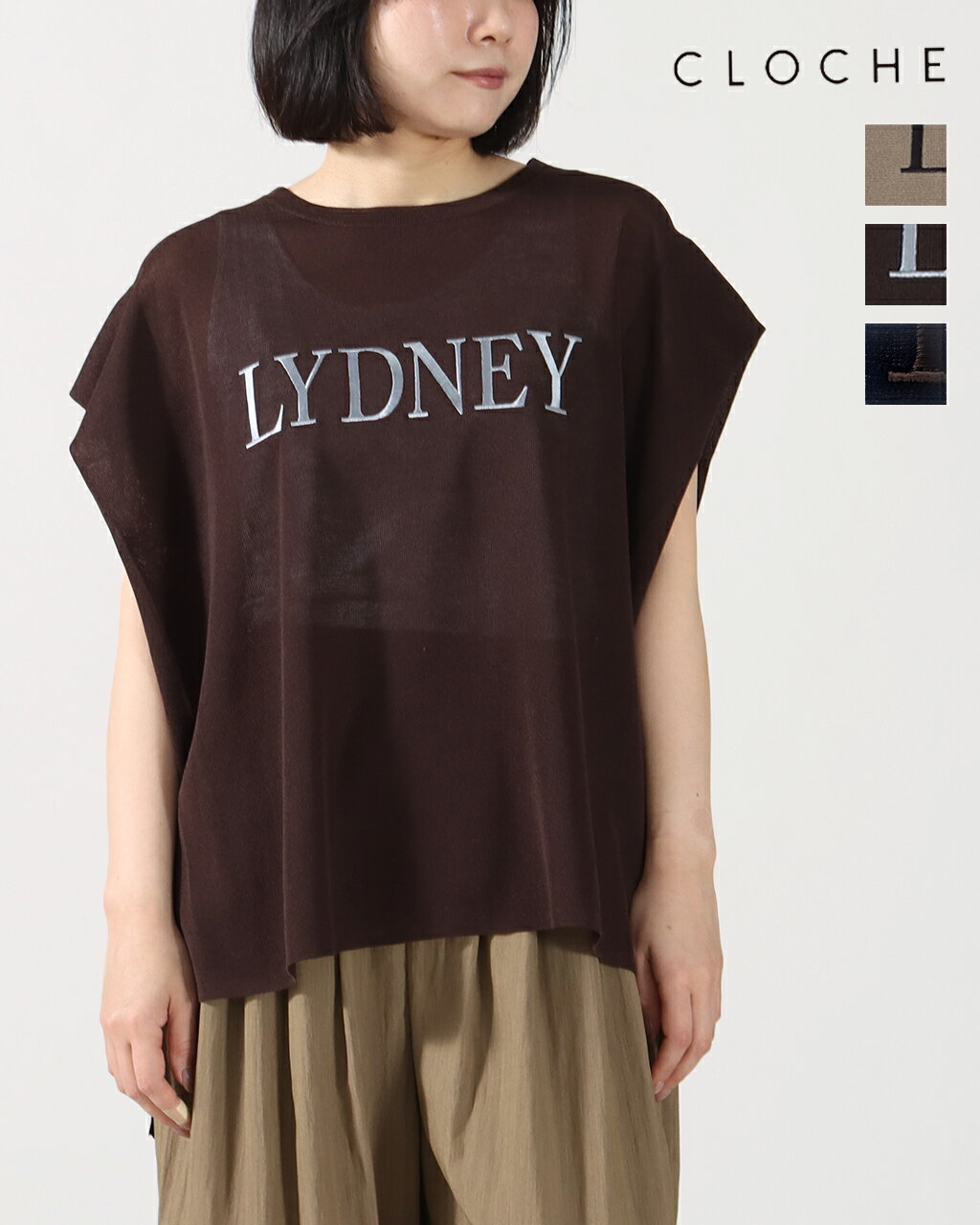 CLOCHE クロッシェ ロゴニット トップス 652-85506 フレンチスリーブ チュニック 体型カバー 二の腕カバー お尻が隠れる ゆったり ワイド サマーニット ロゴT きれいめ カジュアル イギリス地名 涼しい 洗える シワにならない 正規品 公式 26ss