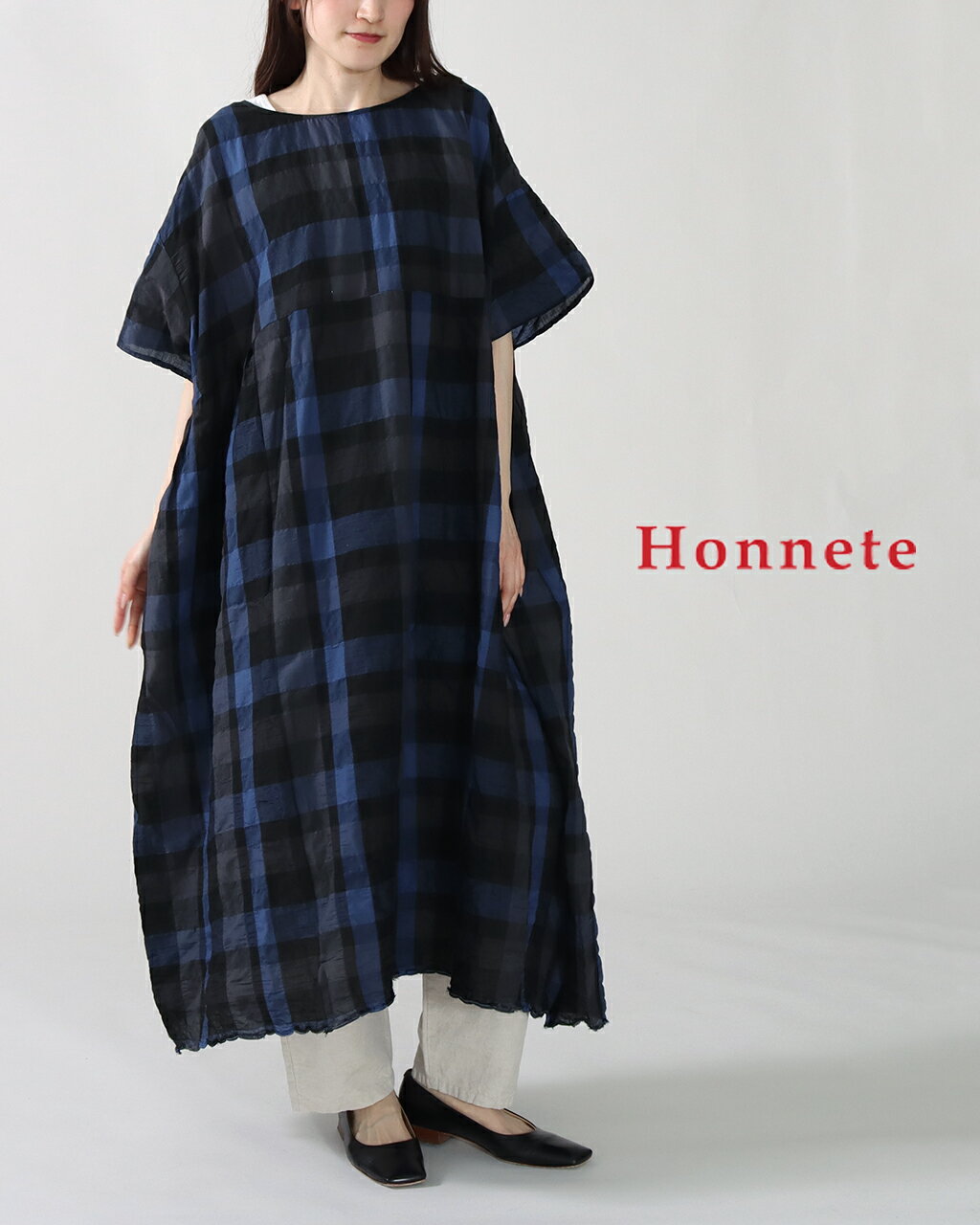 Rakuten - Honnete オネット S/SLV Side Gathered Dress サイドギャザードレス HO_26SS_OP41 レディース ワンピース 半袖 チェック柄 ロング丈 お出かけ ゆったり 大人 フォーマル きれいめ 上品 シンプル ママコーデ 30代 40代 50代 26SS 新作
