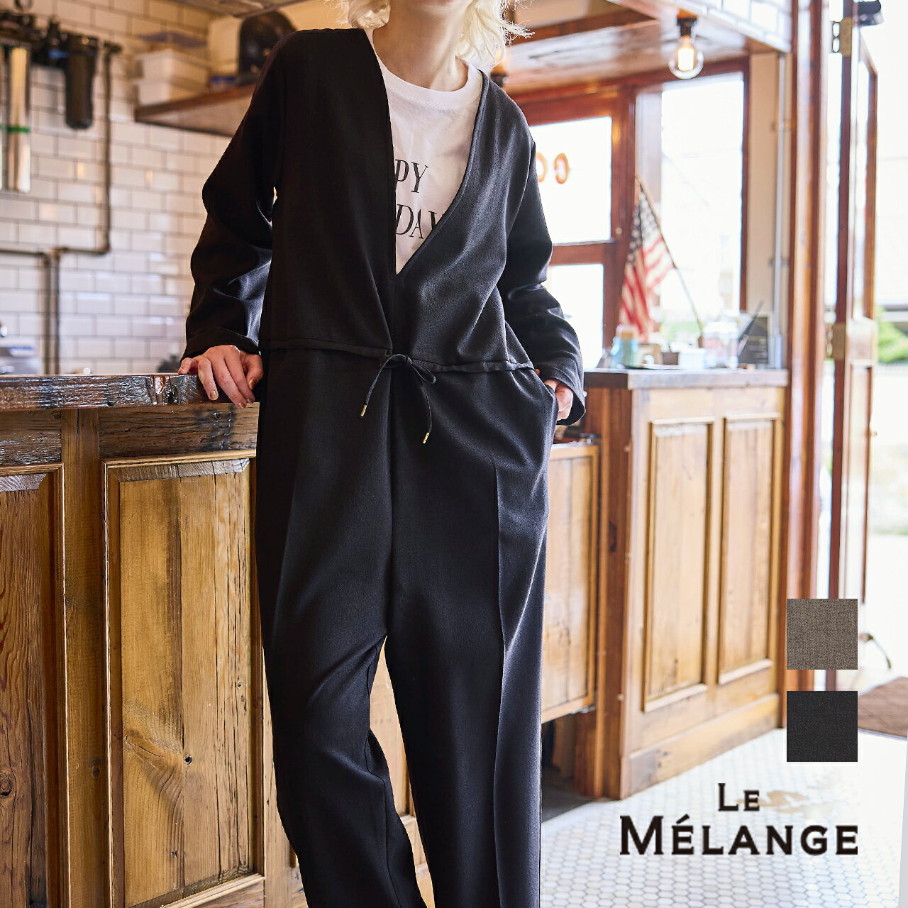 【20%OFF】【返品不可】Le Melange ルメランジュ Vネックオールインワン レディース オールインワン サロペット ストレッチ Vネック 長袖 ウォッシャブル セレモニー