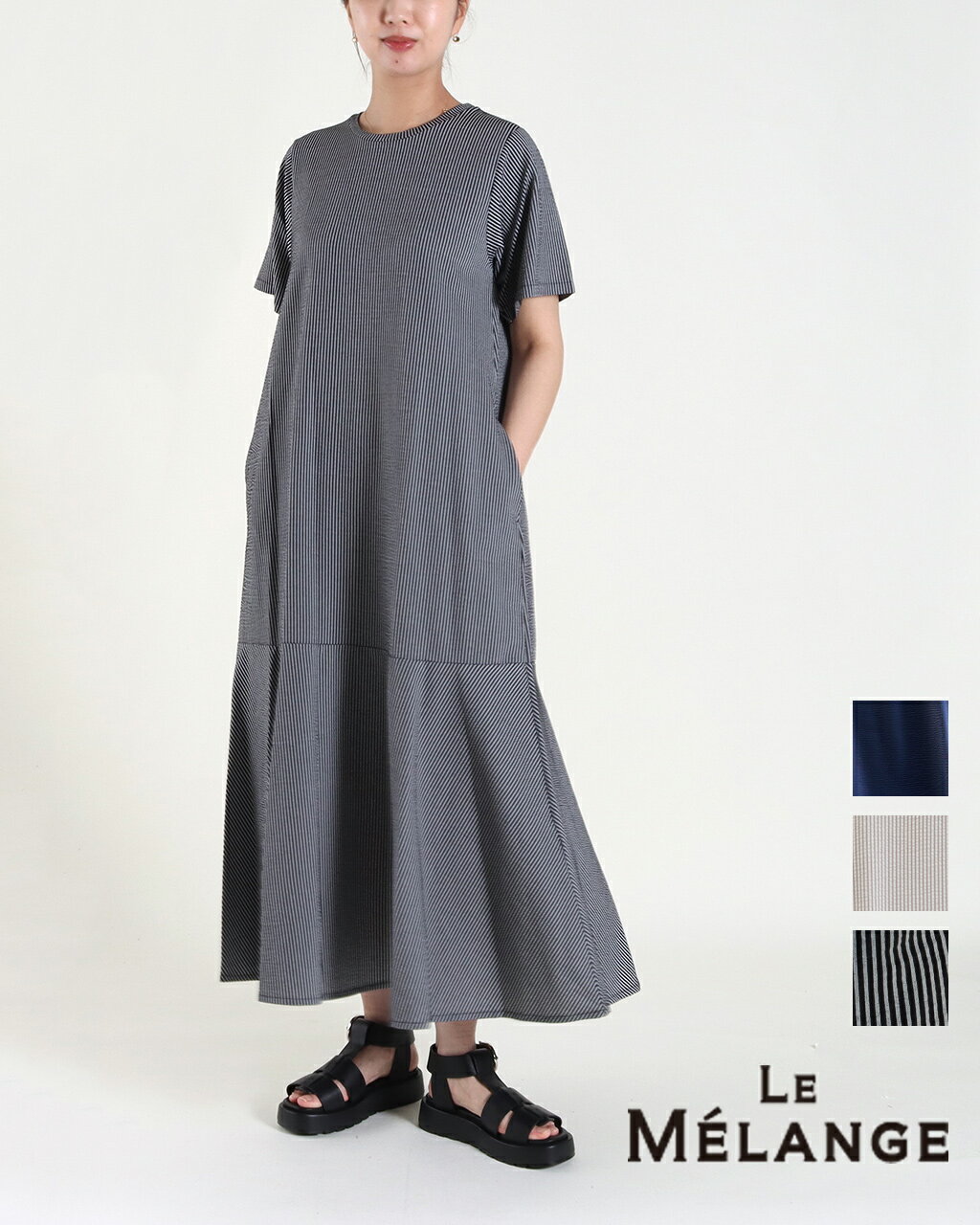 【LINE15％OFFクーポン】Le Melange ルメランジュ ワンピース サッカー ストライプ セミフレアワンピース le melange ルメランジュ ルメランジェ 8421601 公式 正規品 サッカー＆リネンDAYのサムネイル