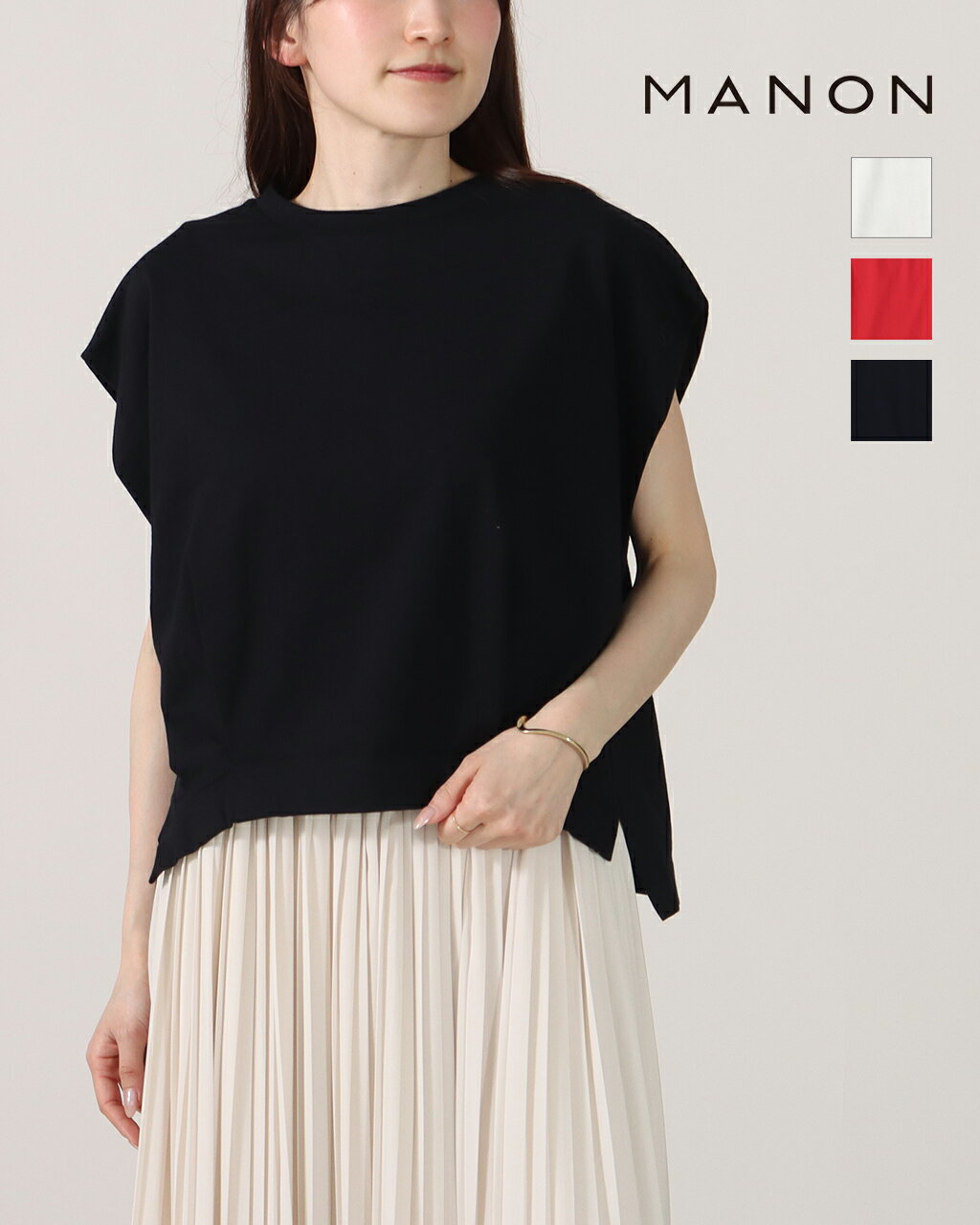 Rakuten - 【10%OFFクーポン】MANON マノン ブラウス IN TUCK SLEEVE BALLOON TEE MNN-C-198 インタック スリーブ バルーン Tシャツ レディース トップス 半袖 クルーネック 厚手 透けない 体型カバー 二の腕カバー 着痩せ 天竺 綿100% 40/2 裾タック 裾ゴム 公式 正規品 26ss