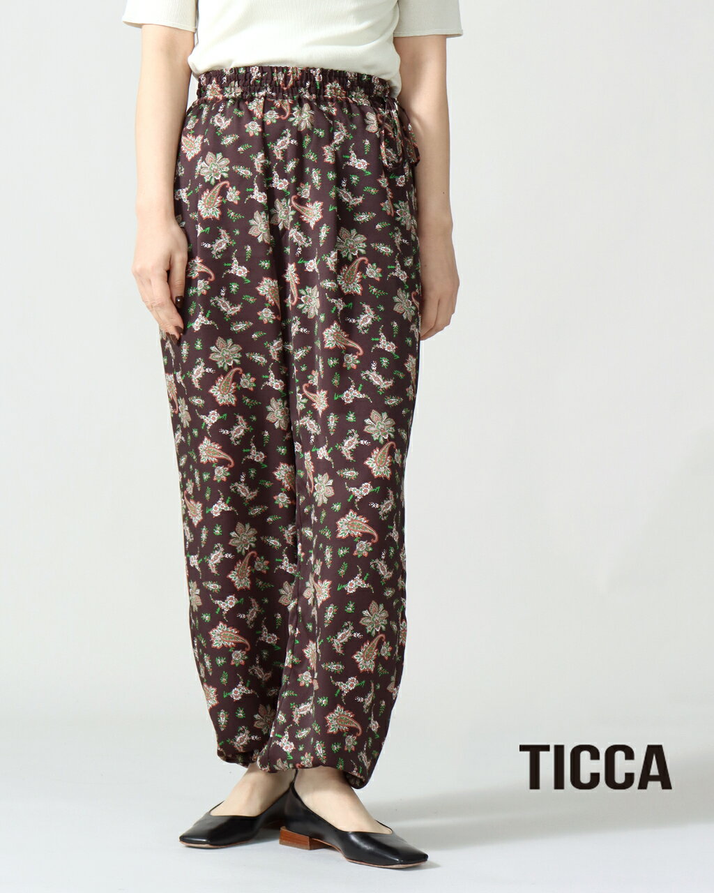 【4日P10倍】【スーパーSALE/30%off】TICCA ティッカ ペイズリー プリントパンツ TBFS_092 2WAYパンツ プリントパンツ ウエストゴム ポリエステル ワイド ストレート バルーン 新色 フェミニン 上品 光沢感 サテン素材 アート感 華やか