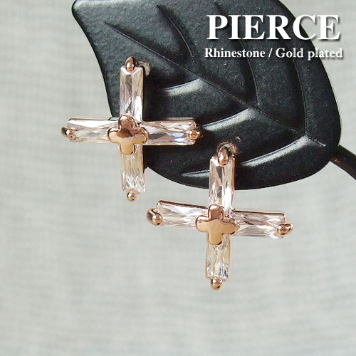 ピアス クロスモチーフ クリアストーン レディース 両耳用 1ペア販売 合金 ピンクゴールド バケットカ..