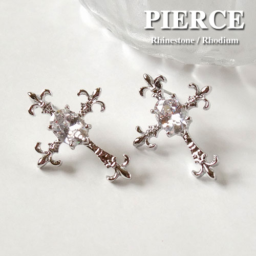 ピアス アンティーククロス クリアストーン レディース 両耳用 1ペア販売 合金 ロジウム アクリル樹脂 ..