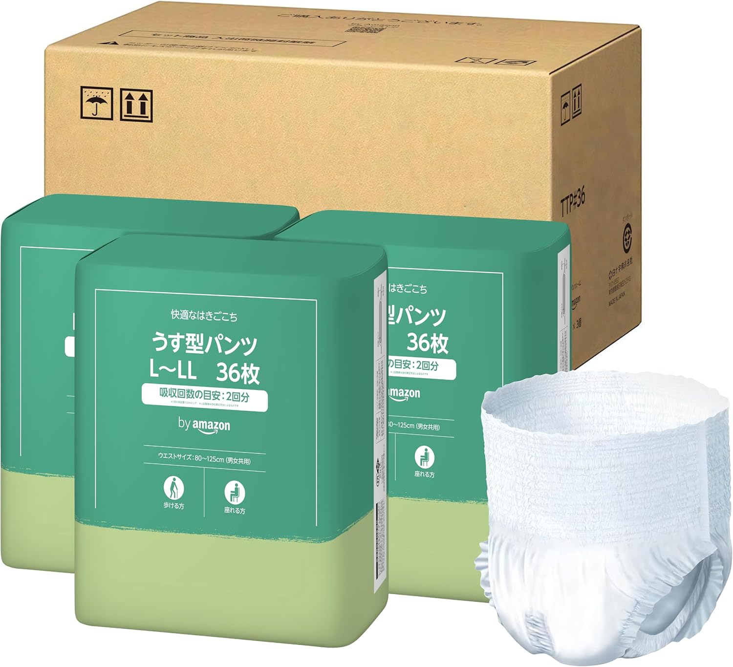 [Amazonブランド] SOLIMO うす型パンツ (大人用紙おむつ) L~LLサイズ 36枚×3個【ADL区分:歩ける方・座れる方に】【ケー