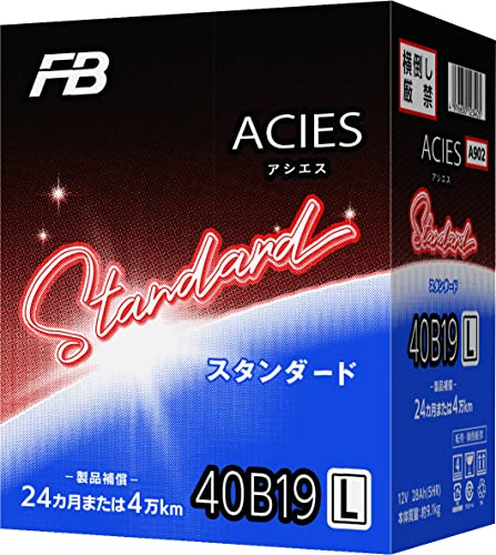 40B19L(ACIES)(FI)・ホワイト ・・Style:40B19L(ACIES)(FI)・5時間率容量:28Ah・サイズ:長さ 185mm × 高さ 200mm × 幅 125mm 総高さ 227mm・重量:8.5kg・交換対応形式:28B17L 34B17L 34B19L 38B19L 40B19L 42B19L 44B19L 46B19L 50B19L 55B19L 60B19L商品紹介 充電制御車対応 防爆設計 使用上の注意 が販売・発送する商品に不具合が発生した場合、商品到着から180日以内の・交換を承ります。Amazonマーケットプレイスの出品者が設定する・交換の条件は、出品者のプロフィールページの「および返金について」からご確認ください。 バッテリーには適用外事項がありますので、下記に該当すると販売者が決定した場合は対象外になります。 補償適用除外事項(下記の場合は補償対象外です) 1. 補償書および不具合現品の提示がない場合、また太線内が未記入の場合。 2. 天災、地変、火災、海難、動乱、事故などにより生じた不具合の場合。 3. 充電により回復するもの。(ただし、回復した場合の充電料は有料となります) 4. 自動車のエンジン始動以外の用途に使用したり、適合外の車両に使用した場合。 5. 酷使、手入れ不十分、使用上の過失または事故によって生じた不具合と認められる場合。 (例) 1電解液面を適正に管理しなかった場合。 2電装品などの故障、欠陥、欠損により生じた不具合。 3バッテリー本体に改造を加えたり、過大な負荷を増設している場合。 4過充電で使用された場合や、放電状態のまま放置された場合。 5バッテリー本体(電槽、ふた、端子など)が変形、破損している場合。 6逆接続で充電された場合。 7補充液(精製水)以外のものを注入した場合。 6. 自動車自体の原因による場合。 (例) レギュレータの設定電圧が基準を越え、過充電または充電不足となった場合。 7. 不具合の発生した車両のチェックができない場合。 8. 補償書記載の車両以外の車両に乗せ替えた場合。 9. タクシー、ハイヤー、運送業などの営業車、配送車、教習車、緊急車両、農業機械、建設機械に使用された場合。 10. 新品のバッテリー(代品供給)以外の全ての費用負担。(交換工賃、交通費、救援費、レッカー費など) 11. アイドリングストップ機能付き自動車に使用された場合。 12. 所有者が変わった場合。 安全警告 【使用上のご案内】 ●ご利用の際は、商品に同梱の取扱説明書をご確認頂き、正しくご利用下さい。 ●お買い求めの前に、必ず、搭載されているバッテリーの形式をご確認ください。 ●商品のは、「ソーラーパネルのみの充電、及び、太陽光発電等、自然エネルギーの、蓄電池としての使用は、の対象外になります。」 ソーラーパネル、太陽光発電の蓄電池等、自然エネルギーの、蓄電池としての充電は、充電不足のケースがあり、 著しくバッテリーが劣化する恐れが有りますので、予めご理解とご了承の上、お買い求めにご注意ください。 ●充電器は、「マイコン制御の充電器」を必ずご利用ください。 バッテリー使用後は、12時間以内にマイコン制御の充電器にて、充電が必要です。 ●本来の目的使用以外では、一切、の対象外となりますので、予めご了承ください。 ●商品の動作不良等に関連する作業工賃及びその他の損害の請求等は、一切お受け出来ませんので、 予めご了承ください。 ●バッテリー事故の防止について 電解液が不足したバッテリーの充電は行わないようにお願いします。 →インジケータが白又は透明の場合 ・電解液の液面高さが LOWER レベル以下の場合 セルショートしたバッテリーの充電を行わないようご注意願います。 バッテリーが右記(→)の状態の場合、急激に電解液が減り、液不足となる可能性があります。→充電中に、過熱する場合 ・充電中に、排気口から盛んにガスが排出される場合 ・充電中に、異臭がする場合 ・充電しても電圧が回復しない場合（充電終了後も約 12V 以下など） 充電はよく換気された場所で行い、室内や車室内での充電はしないで下さい。 ●充電中は水素を含むガスが発生します。十分に換気された場所で火気厳禁のもと行う必要があります。 室内、車室内では充電できません。充電後直後も電槽内にガスが残っていますのでしばらく時間をおいてからご使用下さい。また充電器の取扱説明書もよくお読みください。