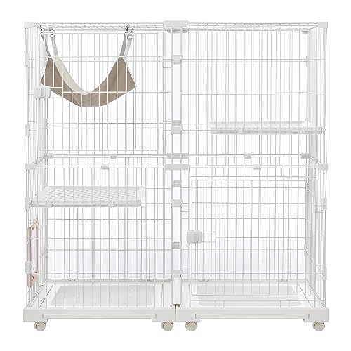 BTM 猫 ケージ キャットケージ 2段 幅広設計 自由組み合わせ 猫ドア付き ハンモック付き トレー付き 大..