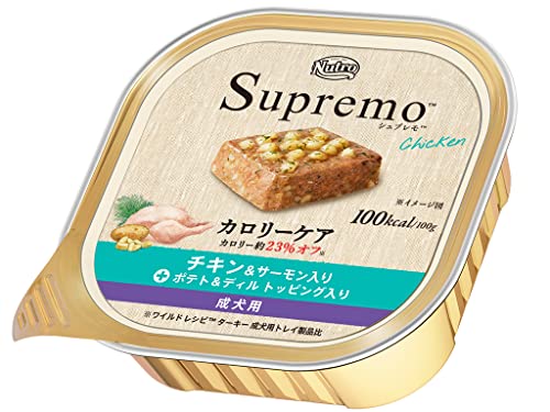 ウェットフード・マルチカラー 100g×24個 SPW17・・FlavorName:チキン&サーモンSize:100g×24個・素材と栄養で選べる。低カロリー*1で、最適な栄養バランス。・シュプレモ カロリーケア チキン＆サーモン入り 成犬用 ポテト＆ディル トッピング入り のカロリーはドライ*2の約70%オフ。体重管理には、栄養バランスを維持しつつ、適切な摂取カロリーの調節が必要です。低カロリー*1のカロリーケアを組み合わせて与えることで、楽々おいしく体重管理ができます。 *1 シュプレモ ドライ 製品比 *2 シュプレモ 成犬用 製品・自然素材の高い栄養価とおいしさをそのままに、最適な栄養バランスを引きだす “ホリスティック・ブレンド”・“ミート ファースト”で抜群のおいしさを実現・ドライとウエットを組み合わせれば、愛犬も大満足のボリュームに。商品紹介 厳選自然素材のホリスティック・ブレンドで設計された一つ上を行く犬用ナチュラルウェットフードです。 使用上の注意 色、形状、硬さやゼリーの量等に若干ばらつきがありますが、品質には問題ありません。 原材料・成分 ●原材料：チキン、鶏レバー、サーモン、ポークレバー、ポテト、ラム、玄米、ニンジン、インゲン、フィッシュオイル、ホウレン草、ディル、ケール、ビタミン類、ミネラル類、増粘多糖類　●タンパク質0.055以上 脂質0.045以上 粗繊維0.007以下 灰分0.03以下 水分 0.84以下 使用方法 愛犬の体型や年齢などの1日に必要なカロリーに合わせ、適切な量を与えて下さい。