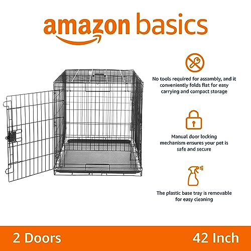 Amazonベーシック ペットケージ 折りたたみ式 トレー付き ダブルドア 107 cm x 71 cm x 76 cm ブラック