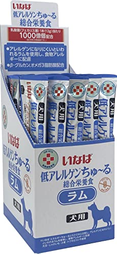 ・ JD-08・食べきりサイズの液状ごはん。愛犬に必要な栄養素をバランスよく配合した総合栄養食です。アレルゲンになりにくいといわれるラム肉を使用し、食物アレルギーに配慮しました。穀物アレルギーに配慮して、グレインフリーに仕上げました。乳酸菌1 000億個配合で腸内環境維持に役立ちます。Βグルカン、クリルオイル配合で免疫力維持に配慮しました。商品紹介 食べきりサイズの液状ごはん。愛犬に必要な栄養素をバランスよく配合した総合栄養食です。アレルゲンになりにくいといわれるラム肉を使用し、食物アレルギーに配慮しました。穀物アレルギーに配慮して、グレインフリーに仕上げました。乳酸菌1 000億個配合で腸内環境維持に役立ちます。Βグルカン、クリルオイル配合で免疫力維持に配慮しました。 使用上の注意 ちゅ~る袋への噛みつき、誤飲にご注意ください。本品は疾病を治療するものではありません。獣医師の指導のもとお与えください。本品の製造ラインでは、牛肉・豚肉・鶏肉を使用した製品も製造しています。 使用方法 ドライフードと併用する場合は本製品4本につきドライフードを約15g減らしてください。本製品のみを与える場合は愛犬の体重に応じて下記量を目安に1日2回に分けてお与えください。　3：16本/日　5：23本/日　8：33本/日　10：39本/日