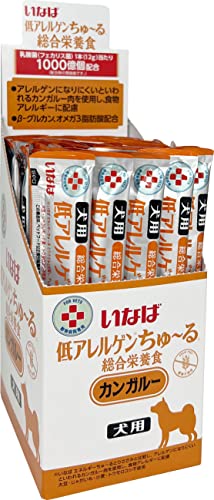 ・ー JD-10・愛犬に必要な栄養素をバランスよく配合した総合栄養食です。・アレルゲンになりにくいといわれるカンガルーを使用し、食物アレルギーに配慮しました。・小麦・とうもろこし不使用。・乳酸菌1 000億個配合で腸内環境維持に役立ちます。・βグルカン、クリルオイル配合で免疫力維持に配慮しました。説明 商品紹介 食べきりサイズの液状ごはん。愛犬に必要な栄養素をバランスよく配合した総合栄養食です。アレルゲンになりにくいといわれるカンガルー肉を使用し、食物アレルギーに配慮しました。穀物アレルギーに配慮して、グレインフリーに仕上げました。乳酸菌1 000億個配合で腸内環境維持に役立ちます。Βグルカン、クリルオイル配合で免疫力維持に配慮しました。 使用上の注意 ちゅ~る袋への噛みつき、誤飲にご注意ください。本品は疾病を治療するものではありません。獣医師の指導のもとお与えください。本品の製造ラインでは、牛肉・豚肉・鶏肉を使用した製品も製造しています。 原材料・成分 たんぱく質7.0％以上、脂質2.0％以上、粗繊維1.0％以下、灰分3.0％以下、水分87.0％以下 使用方法 ドライフードと併用する場合は本製品6本につきドライフードを約15g減らしてください。本製品のみを与える場合は愛犬の体重に応じて下記量を目安に1日2回に分けてお与えください。　3：22本/日　5：32本/日　8：46本/日　10：54本/日