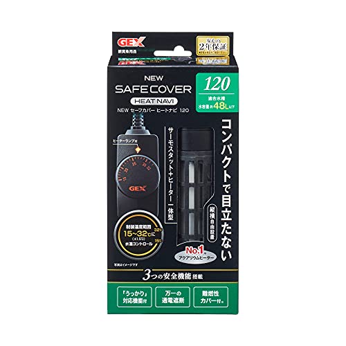 120W・ブラック SH120 4972547032812・・Size:SH120・本体重量:275g・原産国:インドネシア・ペットの種類:熱帯魚・観賞魚・本体サイズ(幅X奥行X高さ):10×6.4×21.1cm・特殊な用途:海水用、屋内用、淡水用説明 商品紹介 商品紹介 安全性、さらに強化 魚を熱から守る安全カバー付ヒーターとコンパクトサーモスタットの一体型新構造オートヒーター 水温を15~35度にコントロールできるサーモスタットと120Wヒーターの一体型温度可変式ヒーターです。 ヒーターは従来の横向き設置に加え、縦向き設置も可能 熱帯魚用ヒーター安全対策協議会「SH規格」適合品 水温を15~35度にコントロール ・設定温度を自由に変えられる。だから魚種や生体の状態に合わせた水温設定が可能。 ・高精度コンパクトサーモスタットはキスゴム付きで、水槽外面に簡単固定。だから水槽周りもスッキリ。 3つの安全機能 ・「うっかり」対応・・・万が一空気中に出ても温度センサーが働き、安全な表面温度にコントロール。(ヒーター本体の温度が下がれば、水中で再びご使用いただけます。) ・万一の通電遮断・・・温度センサー+温度ヒューズで通電を遮断。(温度ヒューズが働くと再使用できません。) ・難燃性カバー付・・・ヒーター部の熱から人の手や魚を守る。カバーは取り外してお手入れ可能。 ヒーターカバーには米国の難燃性試験規格である「UL94」のV-0グレード適合樹脂を採用。 適合水槽:水容量 約48L以下 サーモスタットサイズ:幅3.6×長さ7.7×高さ3.3cm ヒーターサイズ:幅5.3×長さ14.4×高さ4.2cm 電源コード:約1.2m、ヒーターコード:約0.45m 使用上の注意 本製品は屋内観賞魚飼育専用です。他の目的には使用しないでください。水温の管理には、必ず水温計を併用してチェックしてください。エアレーションまたは、ろ過装置を使用し水槽内の水が撹拌されている状態の水槽で使用してください。適合水槽サイズは周囲温度が15度以上の環境の場合です。15度に満たない場合は希望水温にならない場合がありますので注意してください。本製品には、水温を下げる働きはありません。 原材料・成分 耐熱ガラス、ABS、難燃PP(V0材)他 使用方法 取扱説明書を参考にセットしてください。 ご注意(免責))必ずお読みください 本製品には水温を下げる能力はありません。本製品は、直射日光のあたるところや湿気・ほこりの多いところ、油煙のあたるところでは使用しないでください。製品の仕様、デザイン、価格等予告なく変更することがあります。 続きを見る 使用上の注意 本製品は屋内観賞魚飼育専用です。他の目的には使用しないでください。水温の管理には、必ず水温計を併用してチェックしてください。エアレーションまたは、ろ過装置を使用し水槽内の水が撹拌されている状態の水槽で使用してください。適合水槽サイズは周囲温度が15度以上の環境の場合です。15度に満たない場合は希望水温にならない場合がありますので注意してください。本製品には、水温を下げる働きはありません。 原材料・成分 耐熱ガラス、ABS、難燃PP(V0材)他 使用方法 取扱説明書を参考にセットしてください。 ご注意（免責）必ずお読みください 本製品には水温を下げる能力はありません。本製品は、直射日光のあたるところや湿気・ほこりの多いところ、油煙のあたるところでは使用しないでください。製品の仕様、デザイン、価格等予告なく変更することがあります。