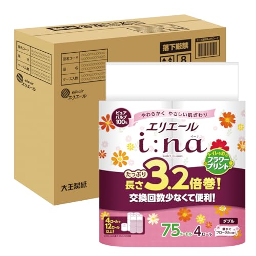 エリエール トイレットペーパー i:na(イーナ) フラワープリント 3.2倍巻き 75m×32ロール(4ロール×8パック) ダブル パルプ10 エリエール トイレットペーパー i:na(イーナ) フラワープリント 3.2倍巻き 75m×32ロール(4ロール×8パック) ダブル パルプ10