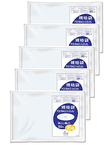 ×5・透明 16号 L03-16・・Size:16号Style:×5・本体サイズ(1枚あたり)：縦48×横34cm 厚み0.03mm・パッケージサイズ：幅34.5×奥行48.5×高さ1cm・素材：低密度ポリエチレン・生産国：中国・家庭でお使いいただけるツルツルタイプのポリ袋です●小さい物から大きな物まで用途別に使える便利な規格袋です。 ●そのまま置いて一枚ずつ取り出して使えます。 ●袋の色は透明色で中身がよく見えます。 ●ツルツルした手触りの低密度ポリエチレン製。 ●袋の色は透明色 ●入数は100枚入り ●多目的に使えるポリ袋 ●食品衛生法対応 ●低密度ポリエチレン製0.03mm厚規格袋 ●そのまま置いて使える取り出しタイプ ●1枚ずつ取り出すことが可能