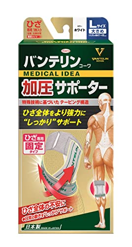 ・ホワイト 大きめ/Lサイズ ・・Color:ホワイトSize:大きめ/Lサイズ・特殊技術に基づいたテーピング構造で、ひざ全体をより強力にしっかりサポート説明 テーピング機能付進化系サポーター【特徴1】左右のグラつきを抑制し、ひざの動きをサポート●特殊ボーンがひざを支え、曲げ伸ばしをスムーズにします。●パワーテーピングベルトがひざの皿を下から引っ張り上げ、足を踏み込んだ時のひざをしっかり支えます。●特殊ボーンをパワーテーピングベルトで固定することで、ひざの左右のグラつきを抑制します。【特徴2】固定力の調節ができる●パワーテーピングベルトは、面ファスナーで固定できるため、使用シーンに合わせた固定力の調節が可能です。【特徴3】快適な使い心地●着脱しやすいオープン設計です。●ひざ裏には肌あたりがよく吸水性のある生地を採用し、ムレにくく快適です。