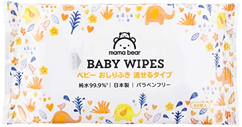 [Amazonブランド] Mama Bear ベビー おしりふき 純水99.9% 流せるタイプ 日本製 パラベンフリー 無香料 60枚入x24個