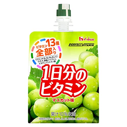 ・ 180グラム (x 24) ・原材料:糖類(砂糖・異性化液糖、砂糖)、マスカット果汁、クリーミングパウダー/酸味料、ゲル化剤(増粘多糖類)、乳酸カルシウム、V.C、塩化カリウム、香料、パントテン酸Ca、ナイアシン、V.E、クチナシ色素、V.B1、V.A、V.B6、V.B2、葉酸、V.K、ビオチン、V.D、V.B12・内容量:180g×24本・カロリー:[1個/180gあたり]エネルギー 110kcal・商品サイズ(高さx奥行x幅):15cm×22cm×34cm商品紹介 カラダに不可欠なビタミンを全13種類1日分配合したマスカット味のゼリーなので、小腹満たしだけではなく、生活が不規則で食事が偏りがちな時に飲むことで手軽に効率よくビタミン全13種類を補給することができ、カラダの調子を整え元気で健康的な生活をサポートします。〈br〉(1日分:栄養素等表示基準値(2015)に基づき、全ビタミン13種類配合) [1個/180gあたり]たんぱく質 0g、脂質 0g、炭水化物 28g、食塩相当量 0.28g、ビタミンA 770μg、ビタミンB1 1.2~3.0mg、ビタミンB2 1.4mg、ビタミンB6 1.3mg、ビタミンB12 2.4~11.7μg、ビタミンC 100~300mg、ビタミンD 5.5μg、ビタミンE 6.3mg、ビタミンK 150μg、ナイアシン 13mg、パントテン酸 4.8~27.7mg、葉酸 240~710μg、ビオチン 50μg 原材料・成分 糖類(砂糖・異性化液糖、砂糖)、マスカット果汁、クリーミングパウダー/酸味料、ゲル化剤(増粘多糖類)、乳酸カルシウム、V.C、塩化カリウム、香料、パントテン酸Ca、ナイアシン、V.E、クチナシ色素、V.B1、V.A、V.B6、V.B2、葉酸、V.K、ビオチン、V.D、V.B12 ご注意（免責）必ずお読みください 1ビオチンは、皮膚や粘膜の健康維持を助ける栄養素です。 2ビタミンAを含みますので妊娠3ヶ月以内又は妊娠を希望する女性は過剰摂取にならないよう注意してください。3ビタミンKを含みますので血液凝固阻止薬を服用している方は本品の摂取を避けてください。41日当たり1袋を目安にお飲みください。5本品は、多量摂取により疾病が治癒したり、より健康が増進するものではありません。1日の摂取目安量を守ってください。6本品は、特定保健用食品と異なり、消費者庁長官による個別審査を受けたものではありません。7薬を服用あるいは通院中の方はお医者様にご相談の上お召し上がりください。8乳幼児は摂取をお控えください。9開封後は早めにお召し上がりください。10冷やすといっそうおいしくお飲みいただけます。11凍結・高温により食感が変わったり、水分が分離することがあります。12成分がキャップ裏に付着したり、日数の経過により液色が変わることがありますが、品質には問題ありません。13空容器はくずかごへお捨てください。