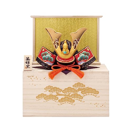 薬師窯 五月人形 端午の節句 彩絵 出世兜(若松金龍・収納桐箱台付)