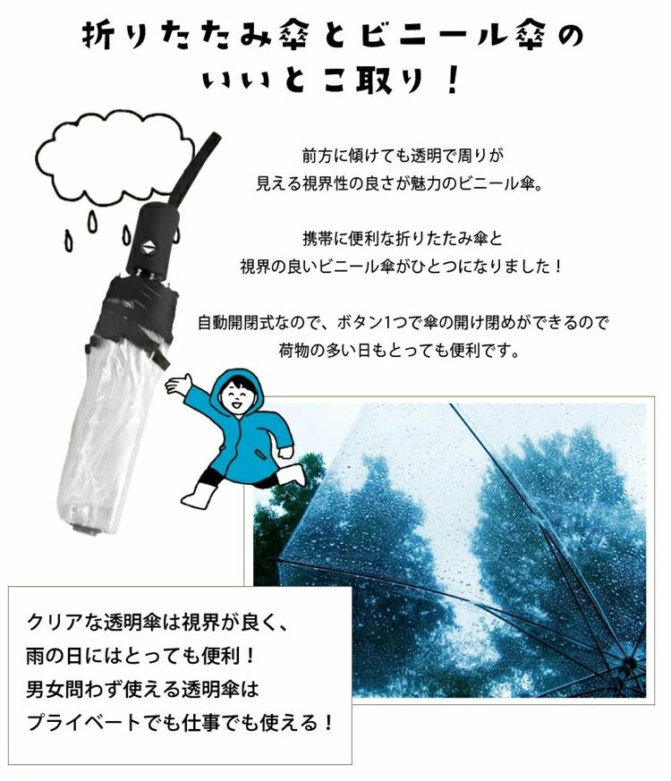 折りたたみ ビニール傘 折りたたみ傘 クリア 透明 自動開閉 8本骨 97cm 軽量 ワンタッチ 丈夫 大きい サイズ おしゃれ 男女兼用 メンズ 傘 梅雨対策 折りたたみ 折り畳み傘 折り畳み 傘 かさ カサ 雨傘 シンプル 無地 透明