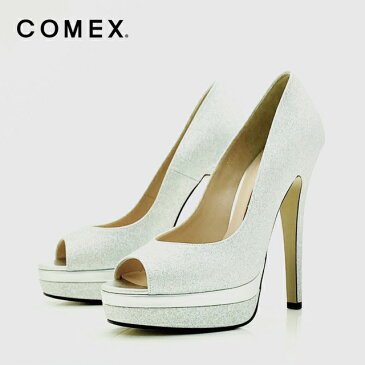 【お取り寄せ品】本革ダブルストームラメオープントゥ 14cmヒール シルバー ベージュ キャバ サンダル パンプス ミュール 厚底 ソブレ COMEX コメックス