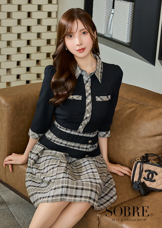 襟付き格子プリーツワンピース ドレス キャバ 大きいサイズ ワンピース ミニドレス キャバドレス キャ..